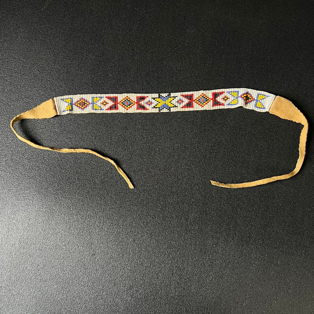 Vtg Handmade Beaded Headband Suede Tie 31in Native American Southwestern Boho